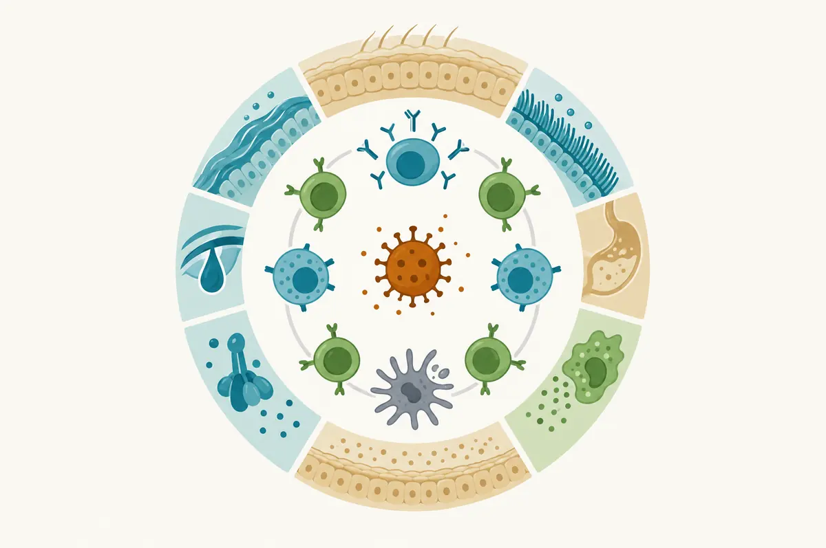 Concentric ring diagram with an outer innate barrier layer and an inner adaptive layer as abstract shapes