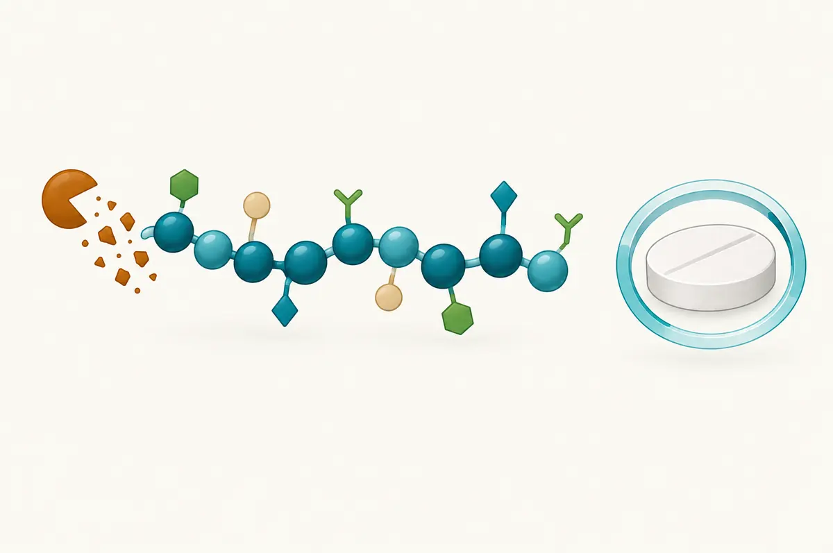 Bead-chain peptide diagram with side attachments beside a tablet outline with an enhancer ring