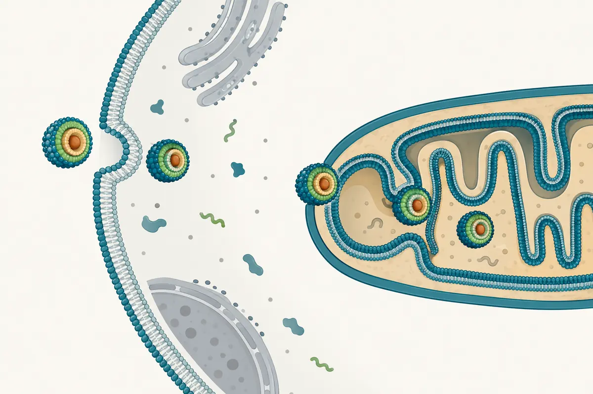 Cell cross-section with a layered sphere carrying an active across the cell membrane and two mitochondrial membranes