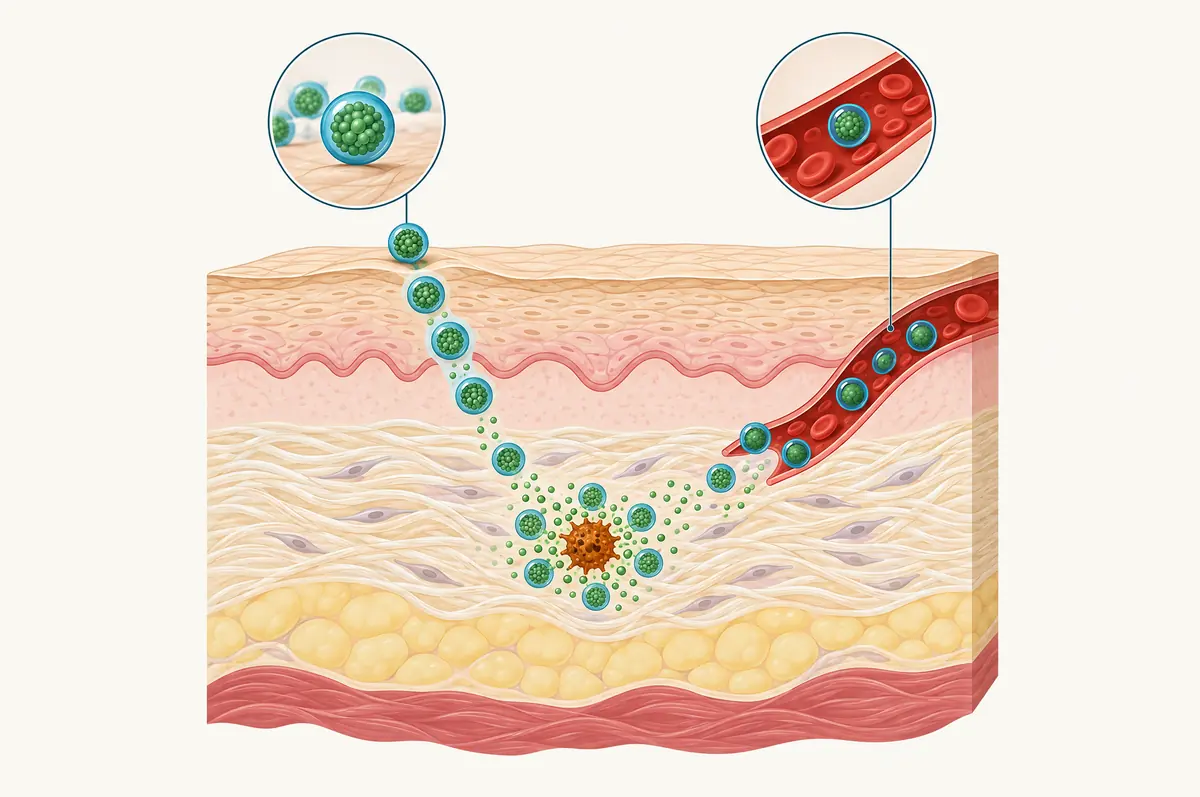 Skin cross-section with spheres entering from the surface and circles arriving through a blood vessel