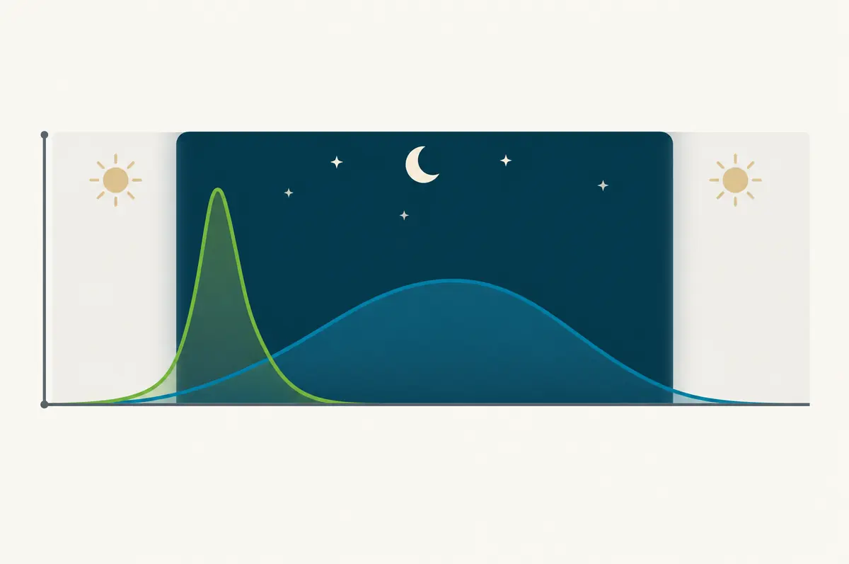 Two unlabeled curves across a night band: a short early peak and a broad curve spanning the night