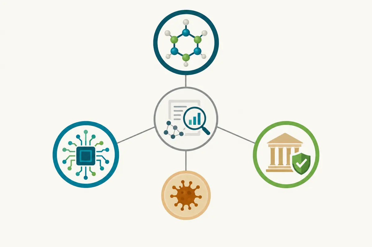 Three rings for molecule, technology and regulation joined to a central evidence circle