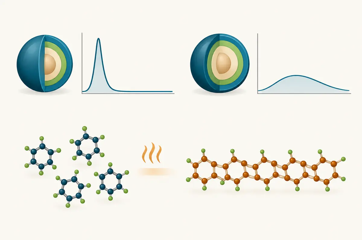 Diagram of a short exposure curve versus an extended one, and ring molecules polymerizing under heat