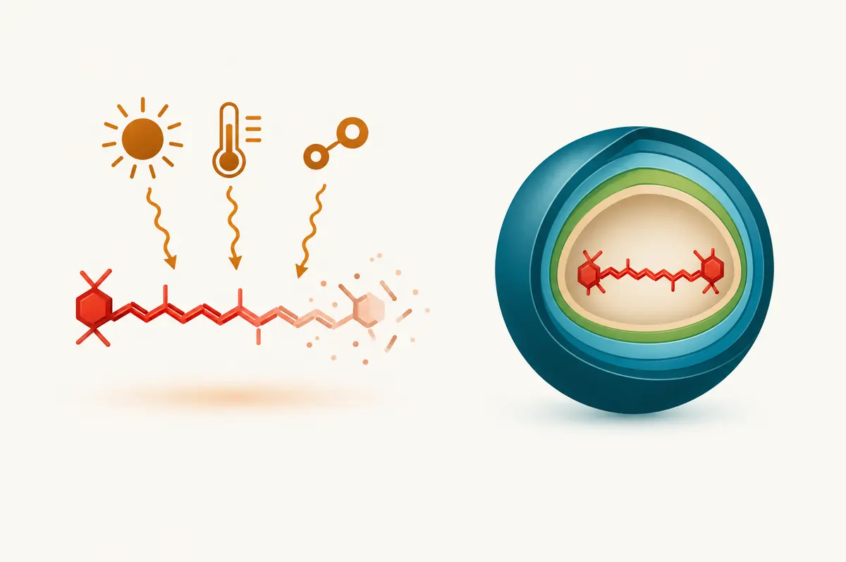 Diagram comparing an exposed red carotenoid degrading from light, heat and oxygen with an encapsulated core that stays intact