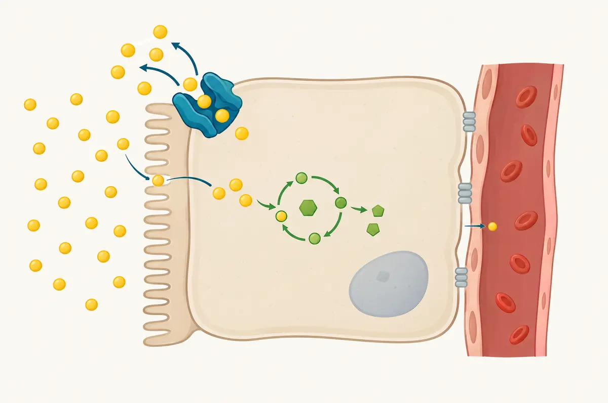 Cross-section of a gut cell with an efflux pump returning molecules to the gut and a small fraction reaching the blood
