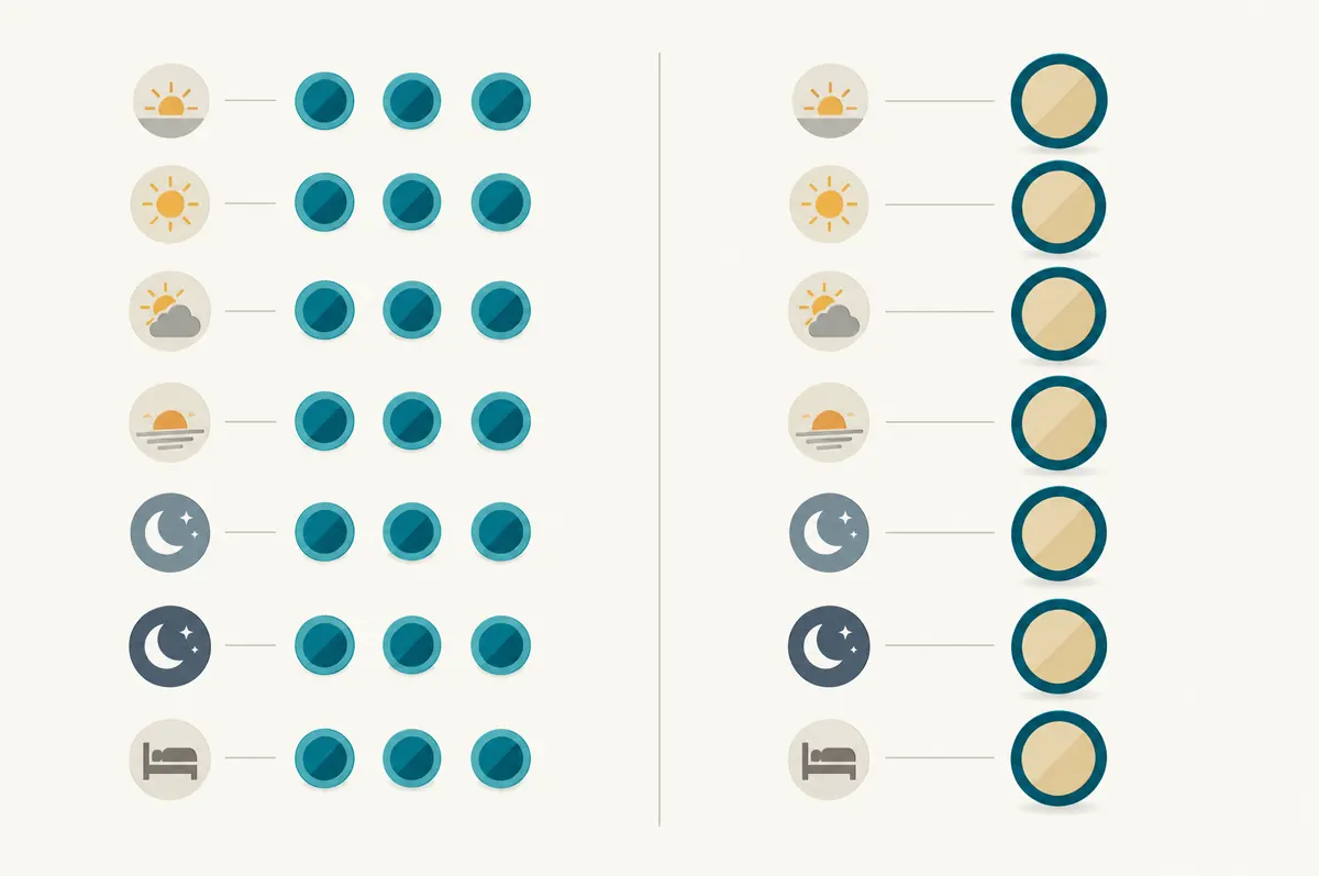 Timeline comparing several mealtime doses per day with a single weekly dose, shown as simple circles