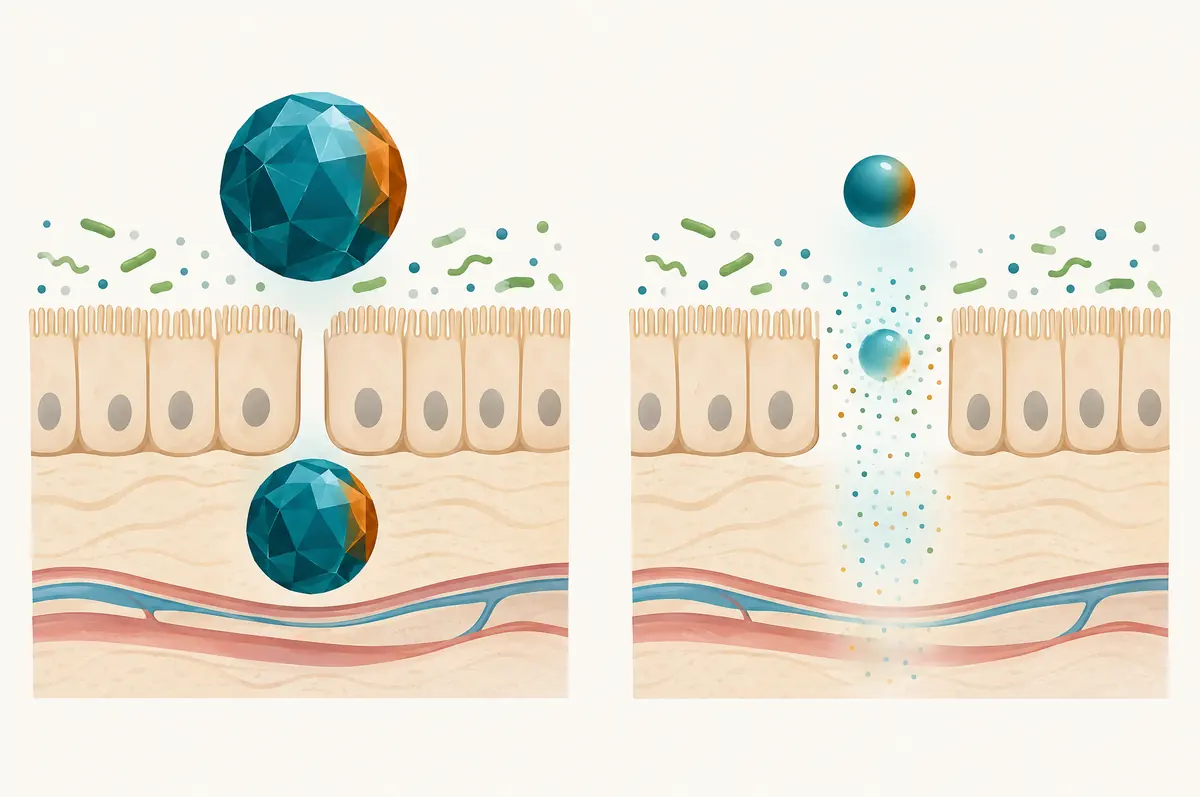 Diagram contrasting a large insoluble molecule passing through the gut unabsorbed with a small soluble molecule that degrades