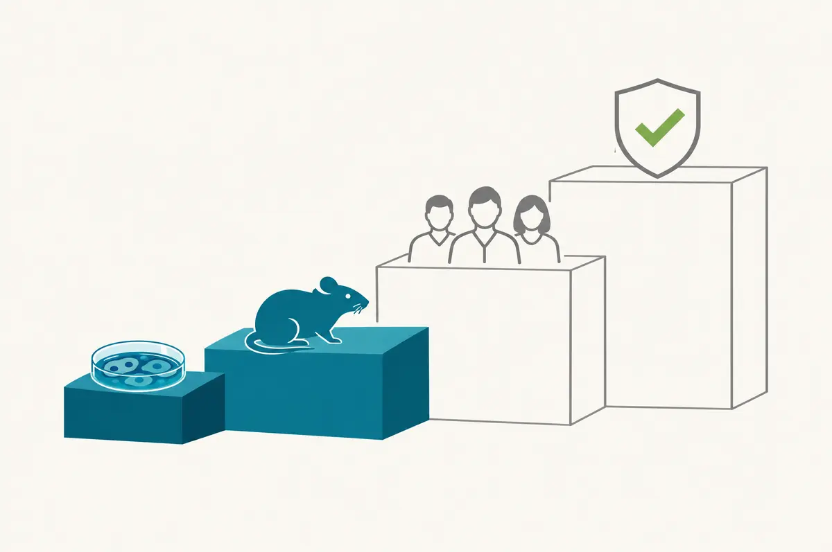 Four-step evidence ladder with cell and animal steps filled and human trial and approval steps empty