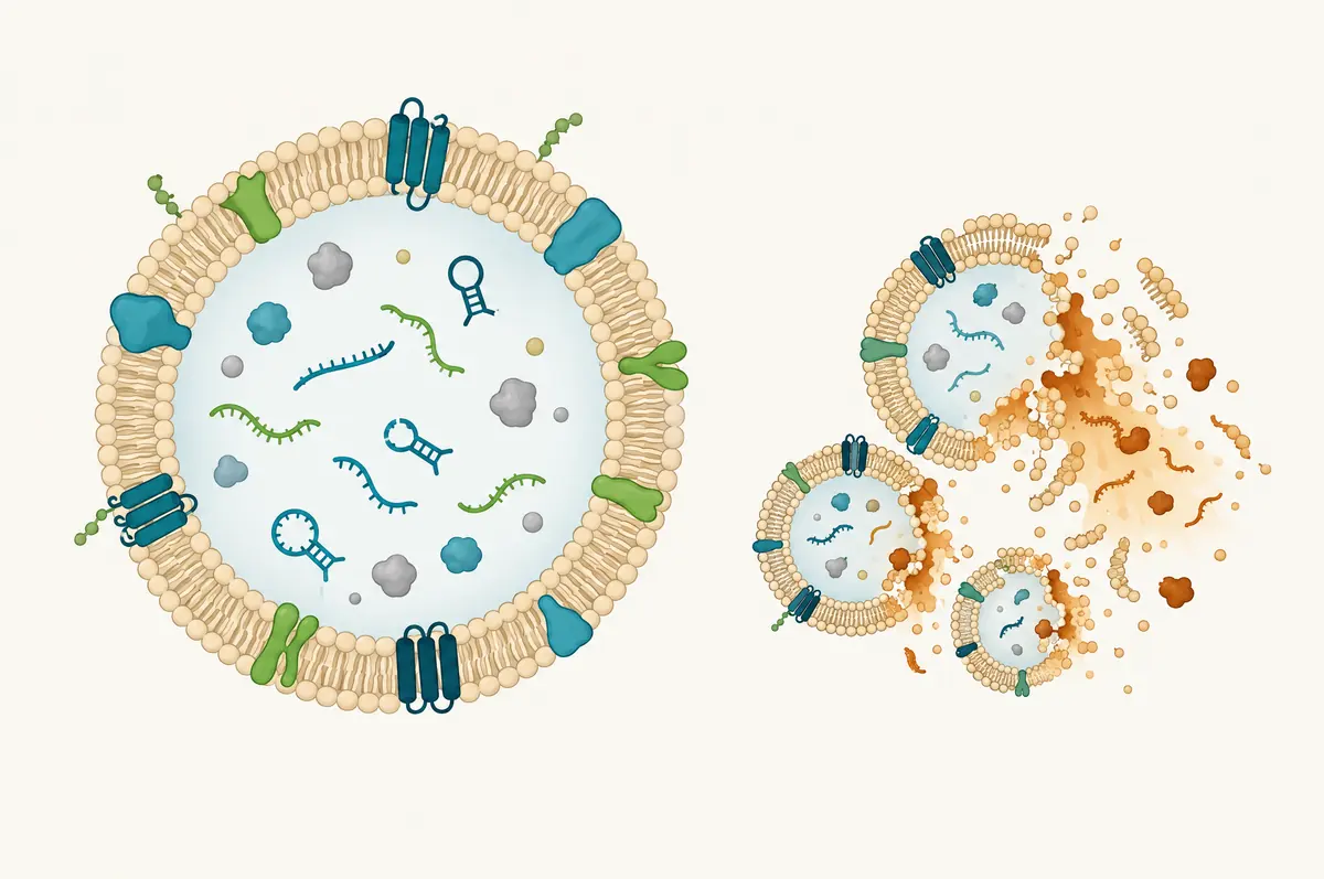 Cross-section of an extracellular vesicle with contents, beside vesicles aggregating and rupturing during storage