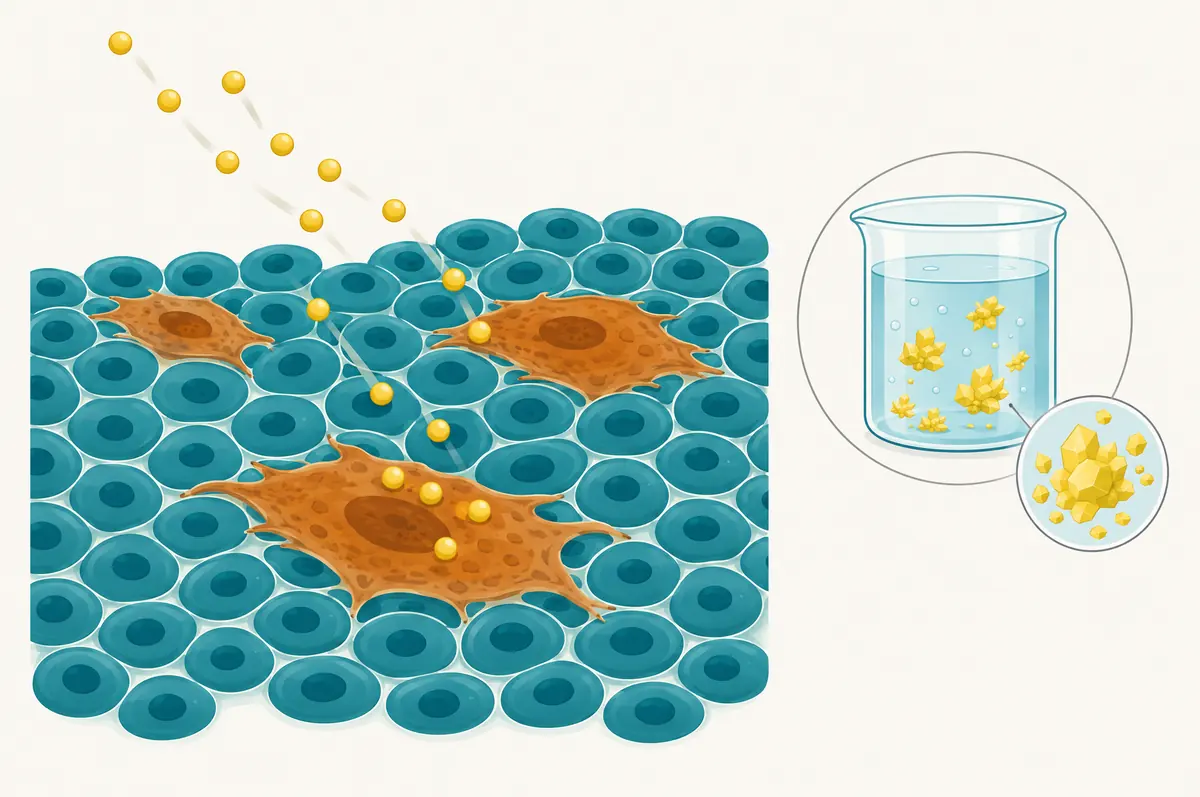 Diagram of senescent cells among healthy cells, with an inset showing poorly soluble flavonols clumping in water