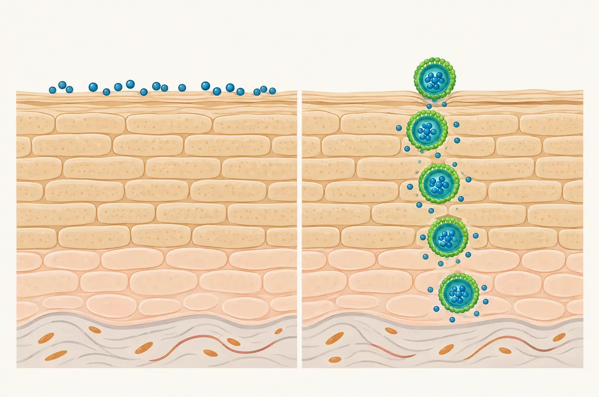 Skin cross-section comparing peptide stalled at the surface with encapsulated peptide reaching deeper layers