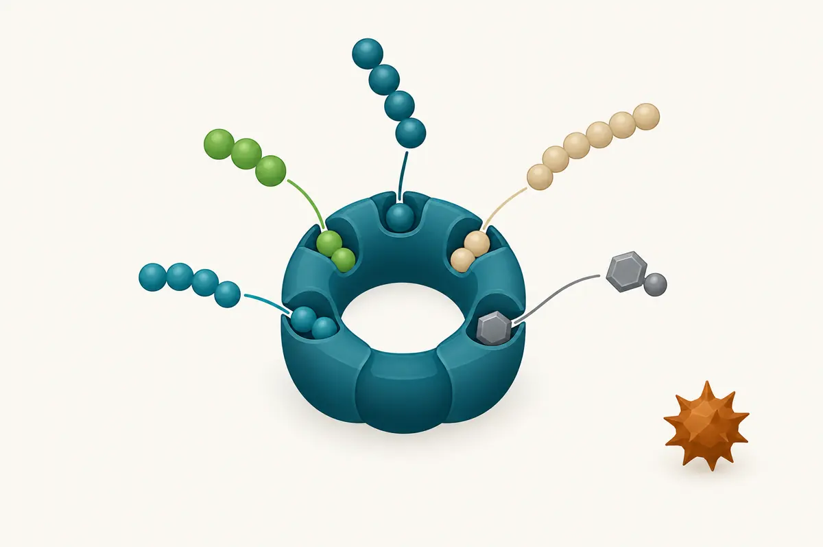 Diagram of several short peptides and one small molecule docking the same ring-shaped receptor