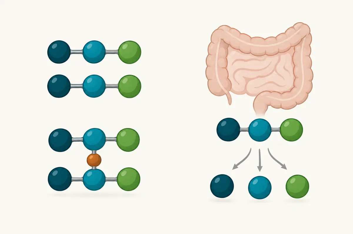 Diagram of tripeptides pairing through oxidation in a product and splitting apart in the gut