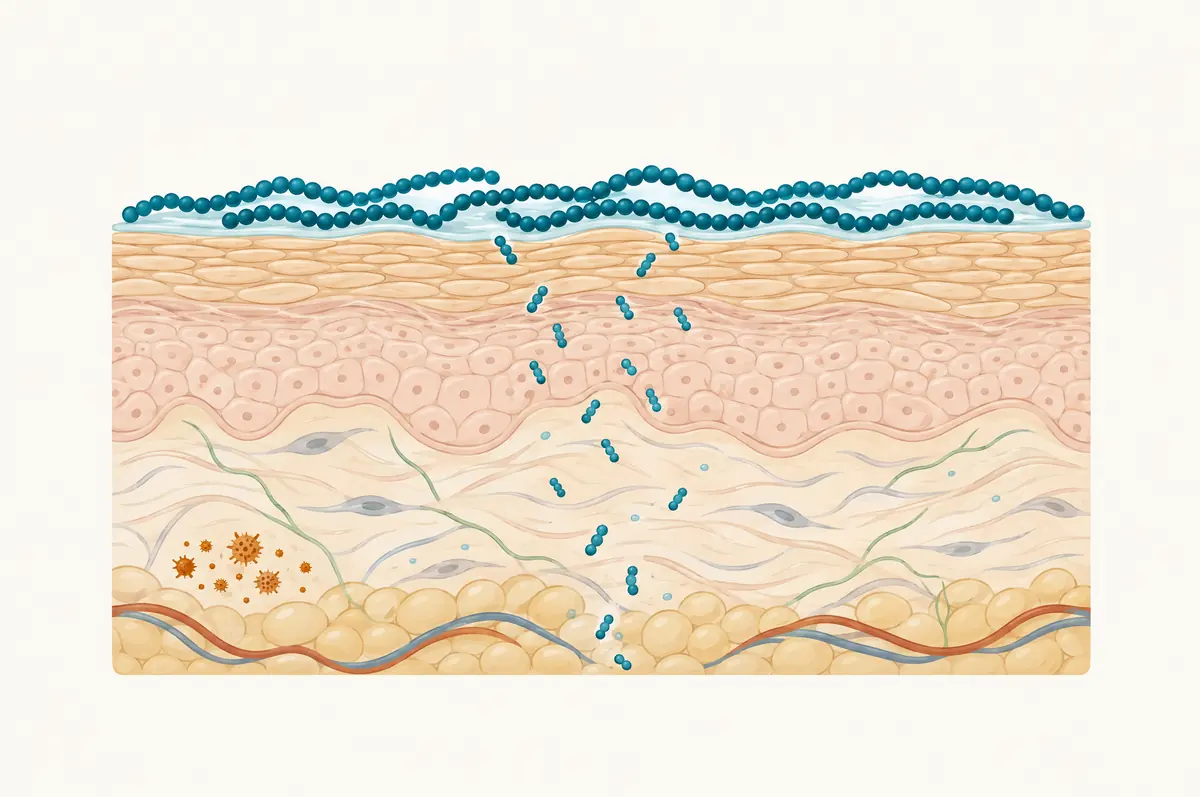Skin cross-section with long hyaluronic acid chains on the surface and short fragments penetrating deeper