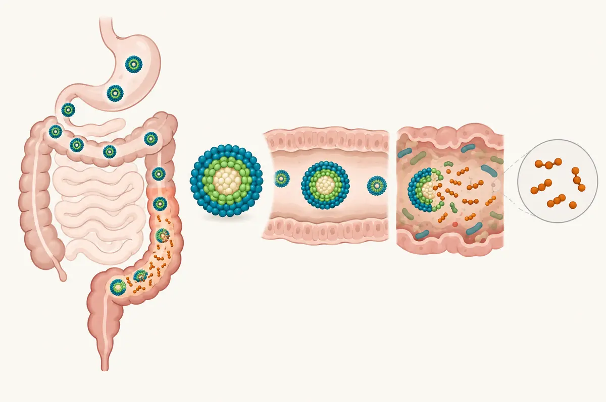 Simplified gut diagram with nanoparticles passing the upper tract and releasing tripeptide in the colon