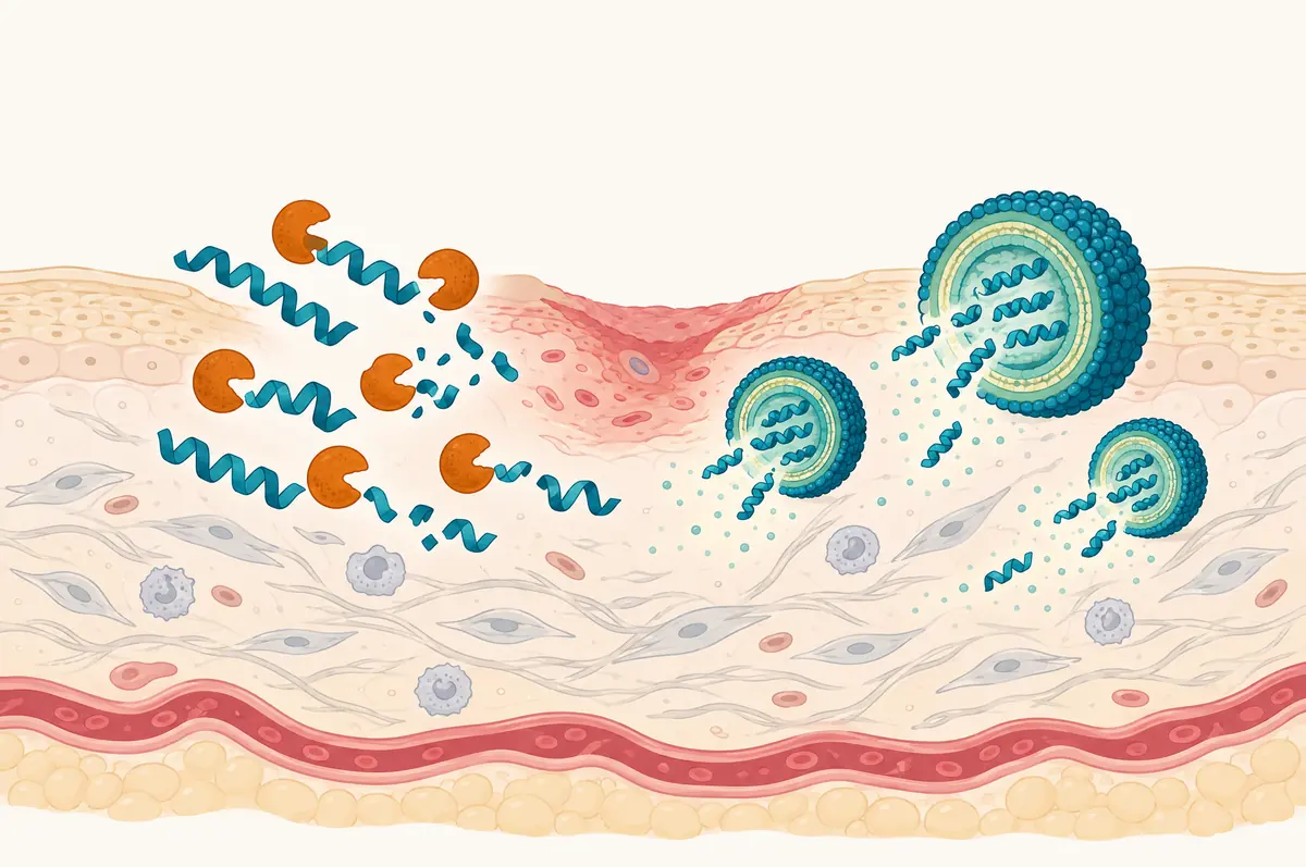 Diagram of proteases cutting free peptide in a wound bed, contrasted with encapsulated peptide releasing slowly