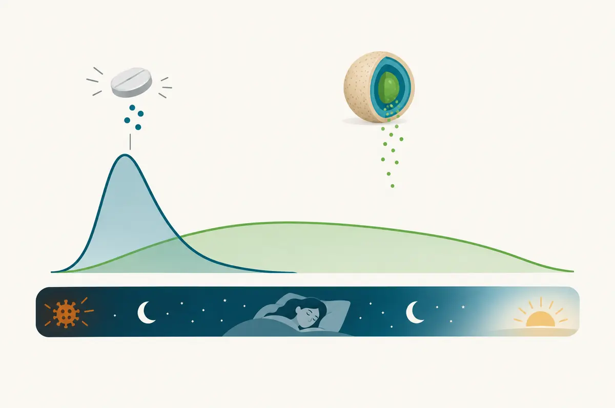 Diagram of an immediate-release curve peaking early versus an extended-release curve spanning the night