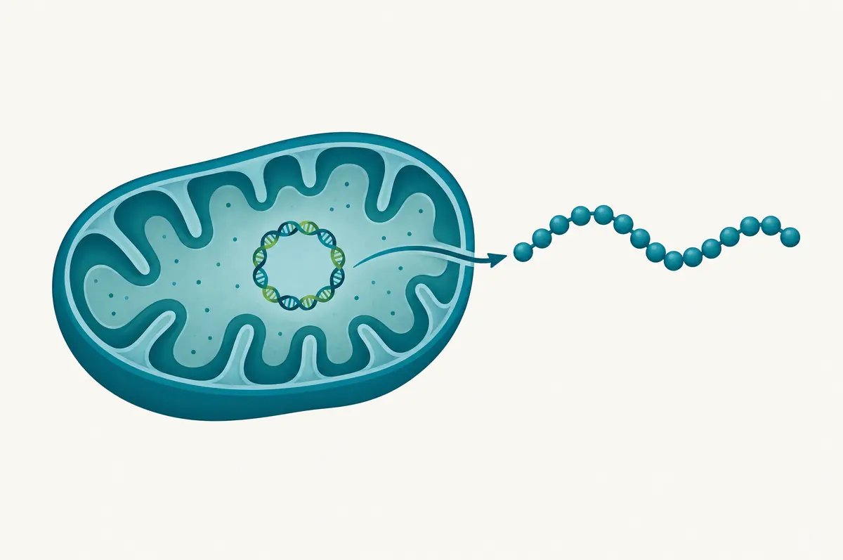 Diagram of a mitochondrial circular genome encoding a short peptide that leaves the organelle
