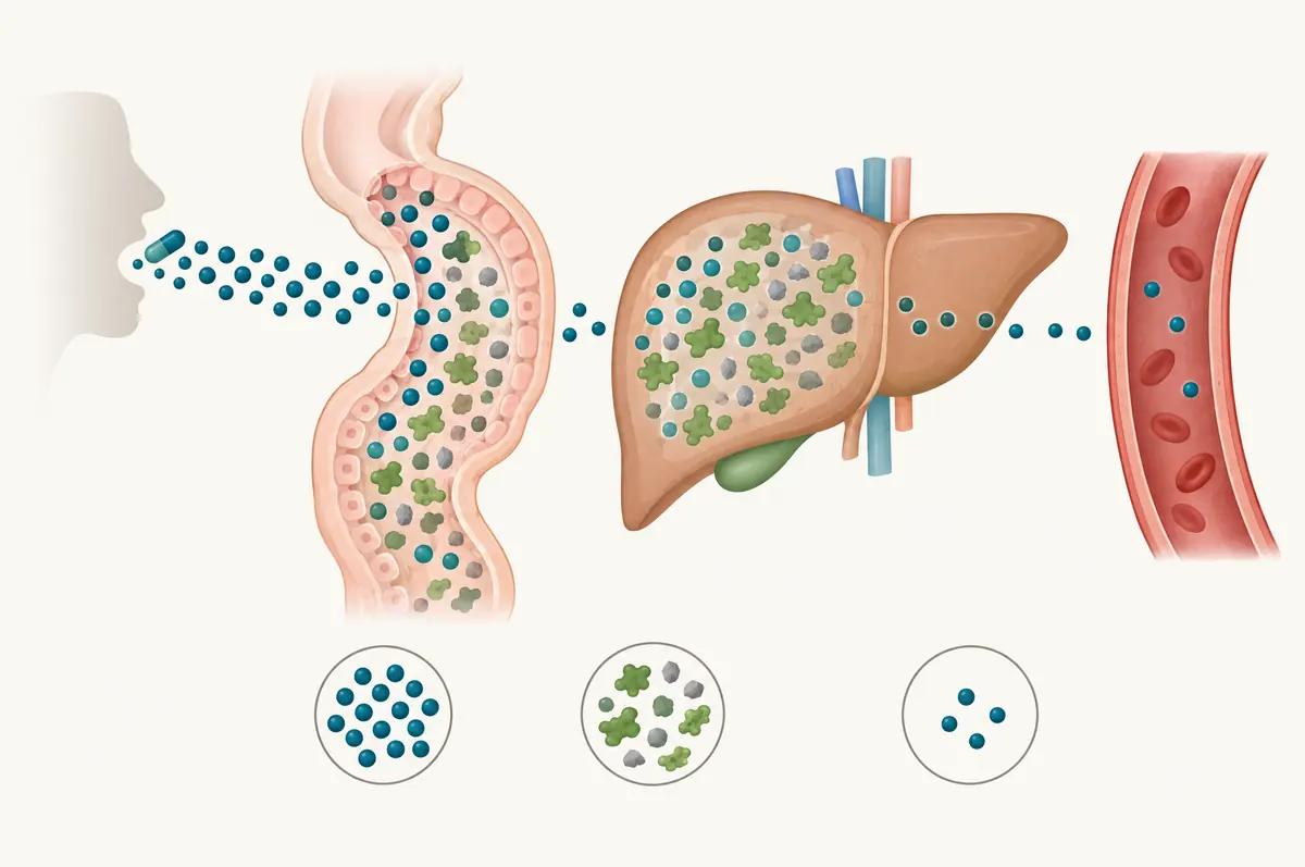 Diagram of dose circles mostly changing in the gut wall and liver with a small fraction reaching plasma
