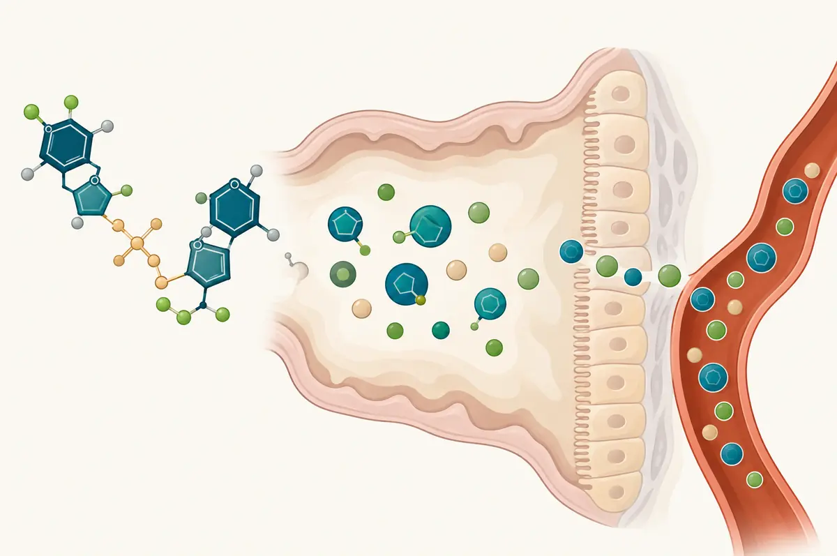 Diagram of a large molecule shape splitting into smaller circles in the gut before absorption