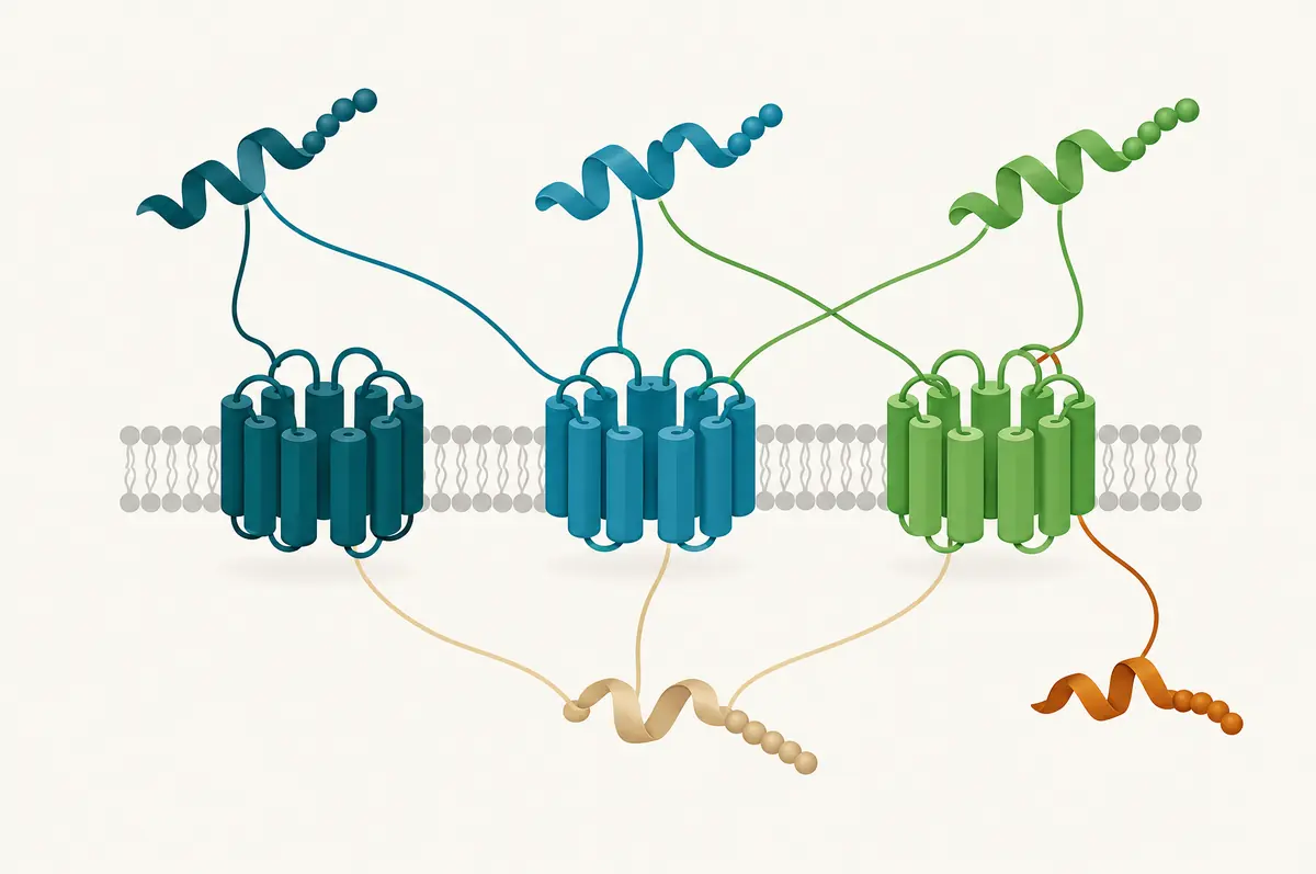 Diagram of three peptides each engaging two or three receptor types shown as colored rings