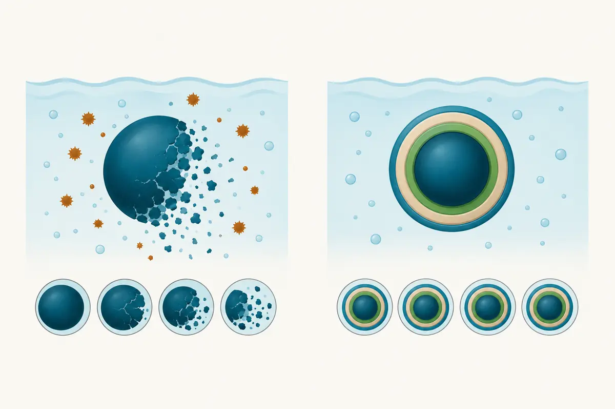 Diagram of a circle dimming and breaking in water beside the same circle holding steady inside shells