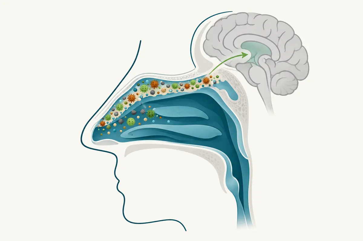 Simplified side-profile outline of the nasal cavity with particles adhering to the upper mucosa