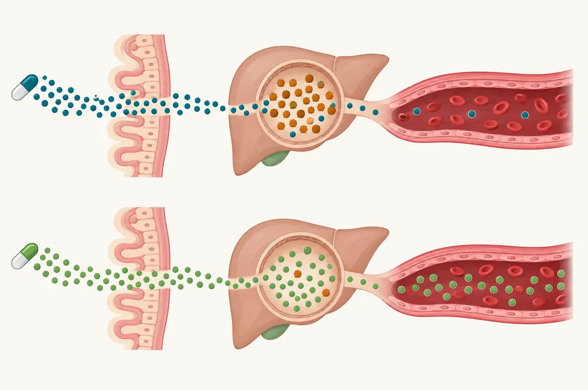 Diagram showing most of an absorbed dose converted by first-pass metabolism, with a methylated analog surviving in greater share