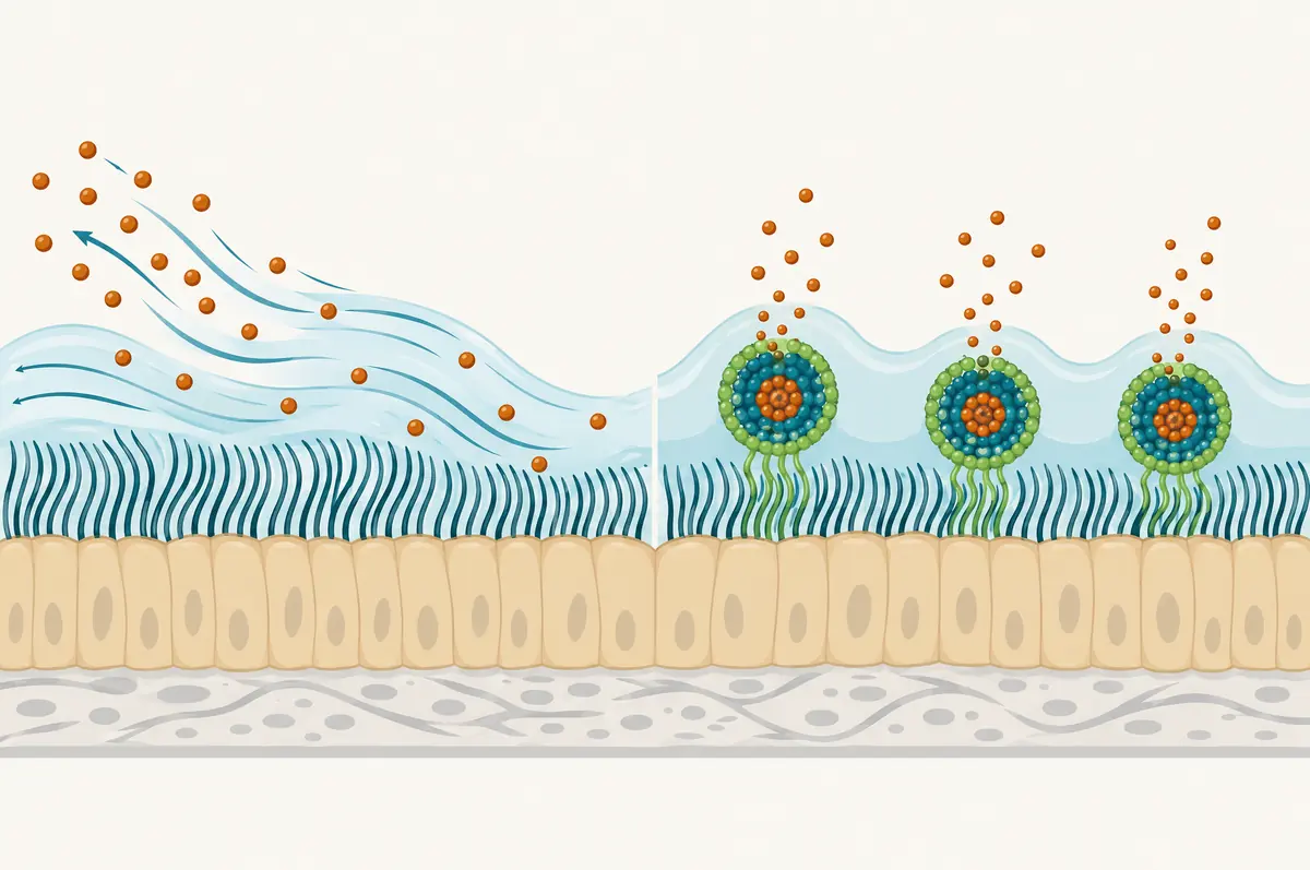 Nasal mucosa cross-section showing free peptide cleared by mucus flow and mucoadhesive particles staying in place