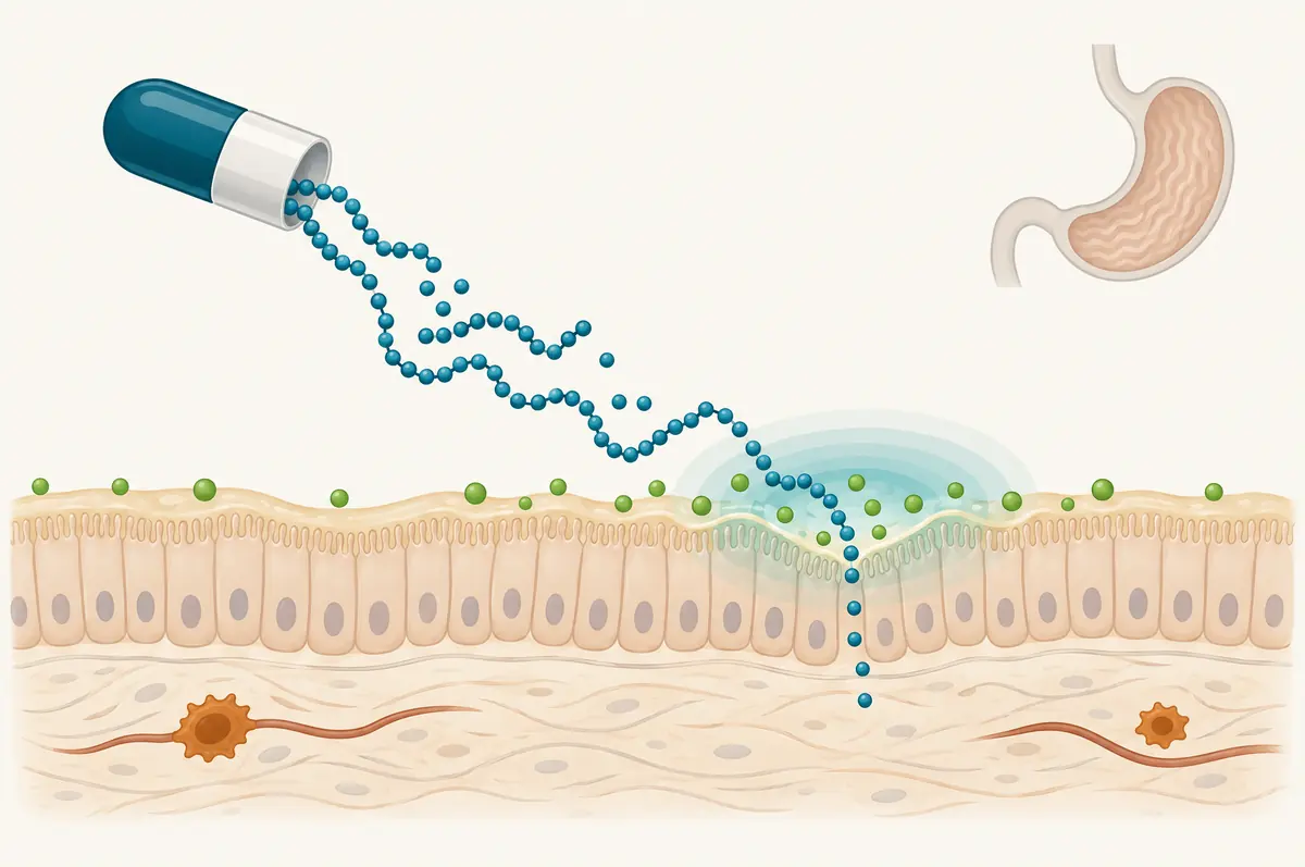 Diagram of an oral peptide tablet releasing peptide with an absorption enhancer in the stomach, with a small fraction crossing