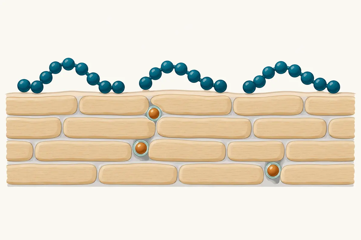 Skin barrier diagram with bulky peptide chains stalled at the surface and a few encapsulated particles penetrating