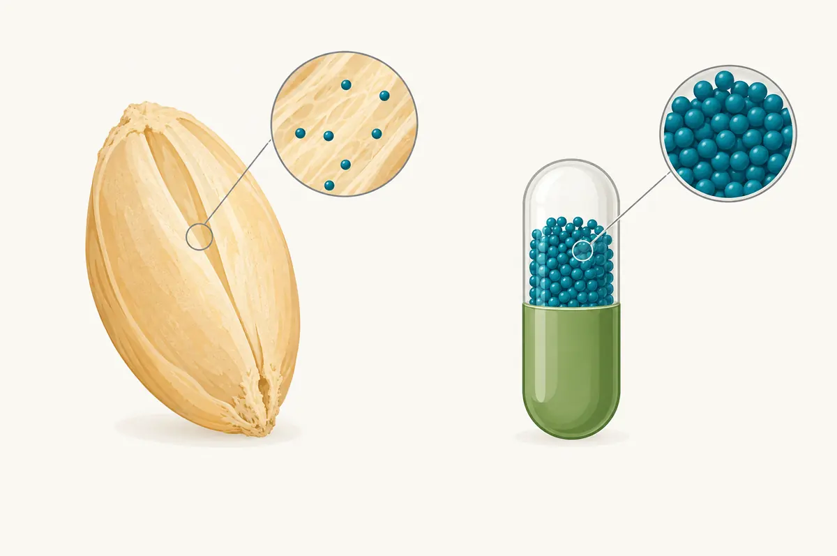 Diagram contrasting a small amount of spermidine within bulky wheat germ extract with a concentrated delivery format