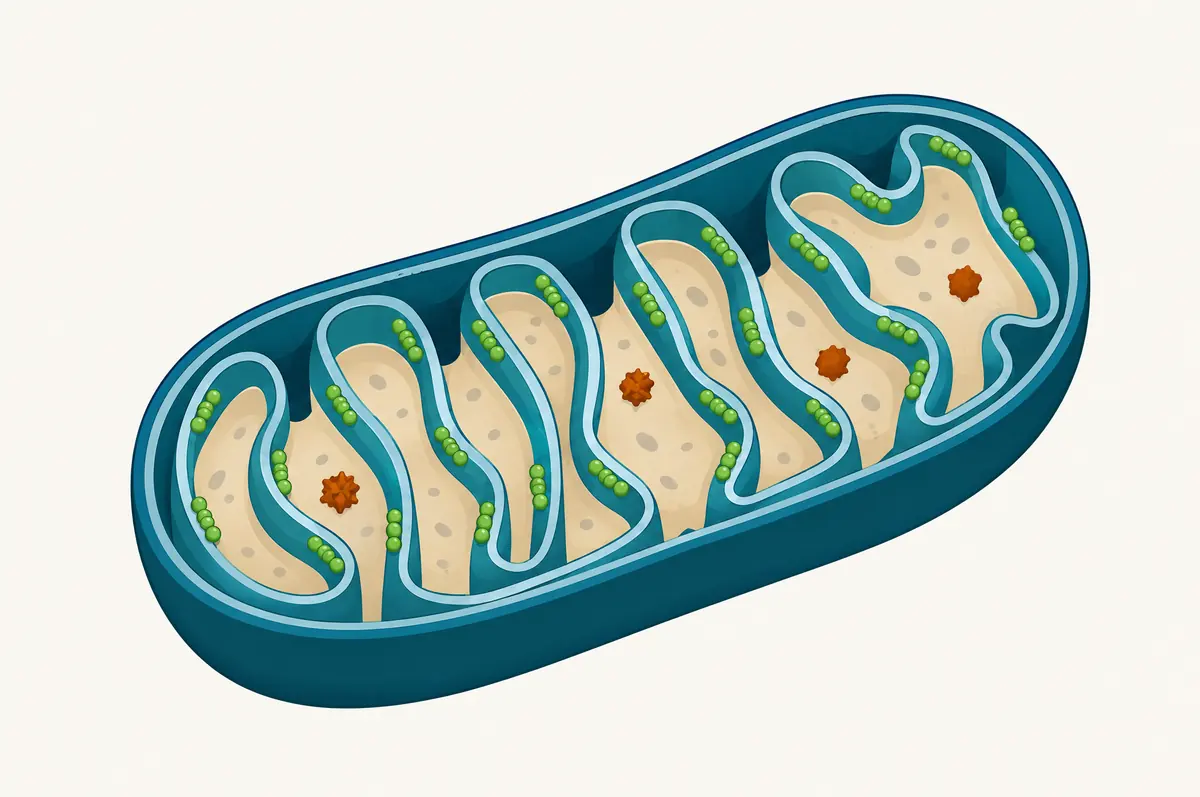 Mitochondrion cross-section with small four-bead peptides concentrating along the inner membrane