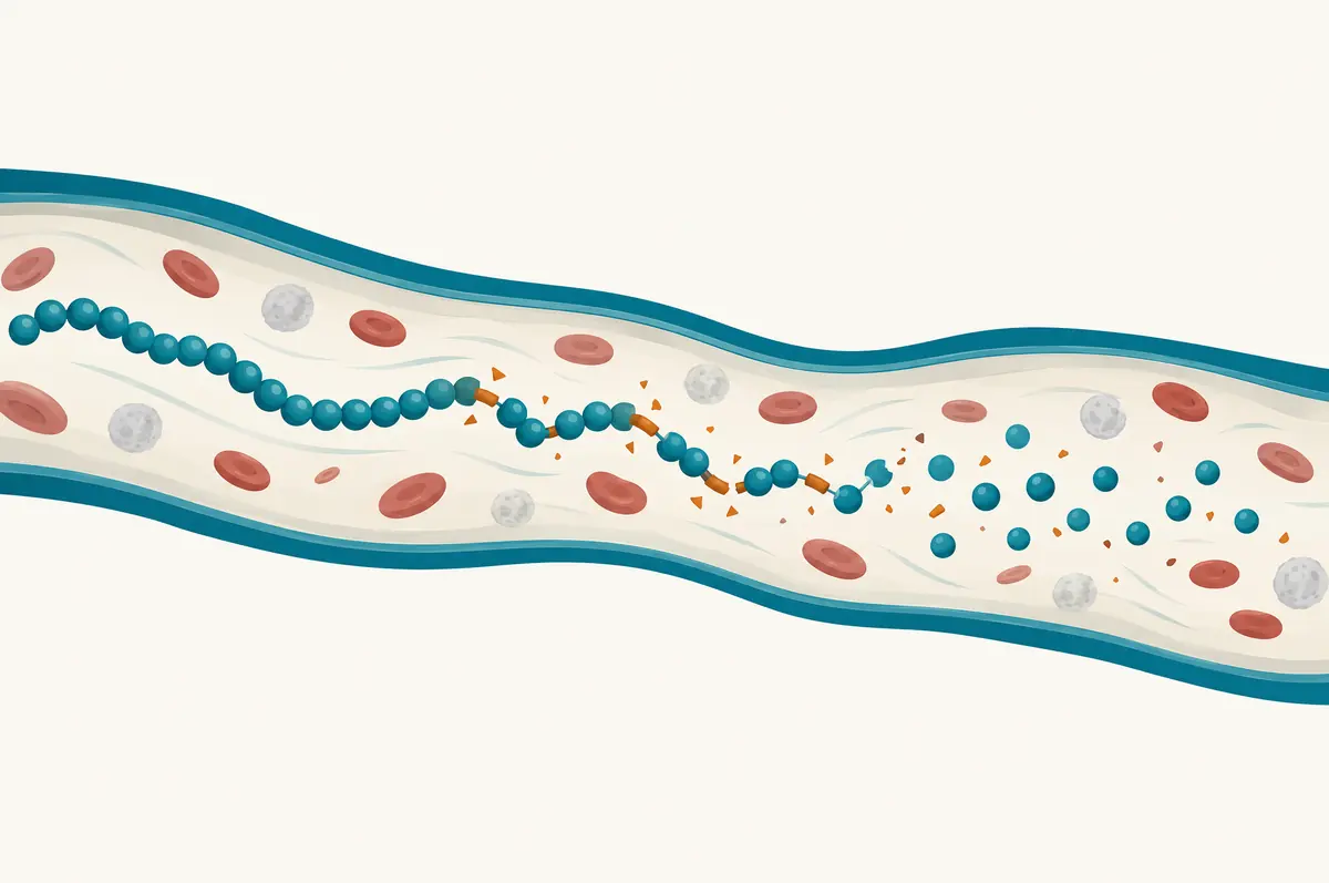 Diagram of a peptide breaking into fragments as it moves along a bloodstream channel, showing short half-life
