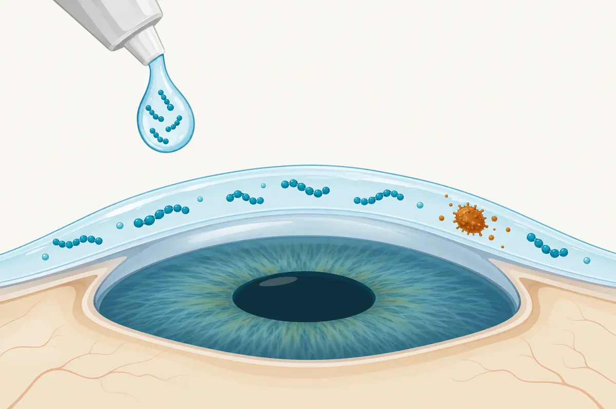Clean cross-section of an eye surface and tear film with peptide shapes dispersed in the film