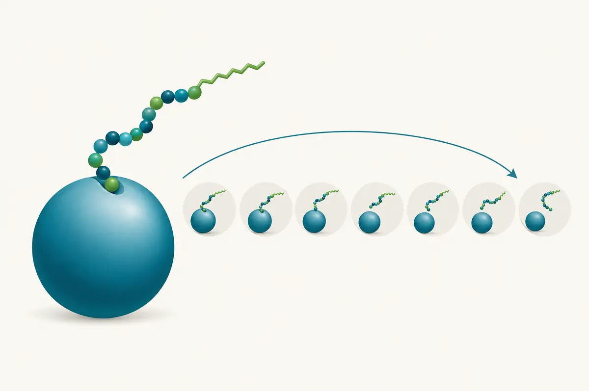 Diagram of a peptide with a fatty chain binding albumin for slow release across a week