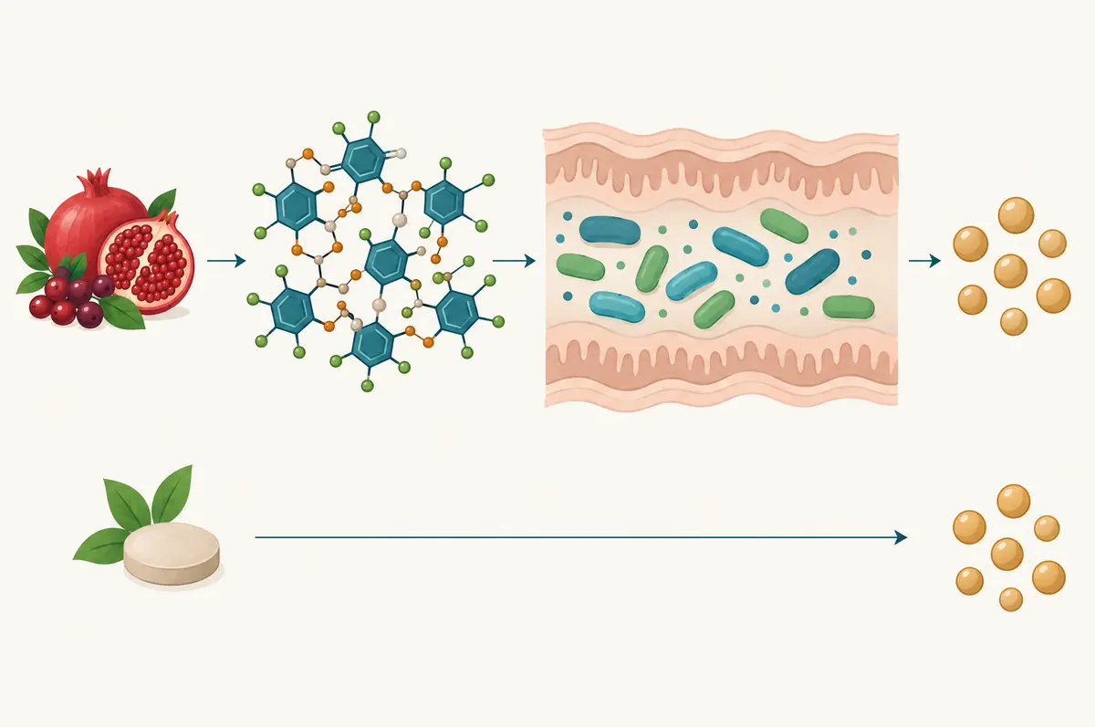 Diagram of gut bacteria converting ellagitannins to urolithin A, compared with direct supplementation that skips that step