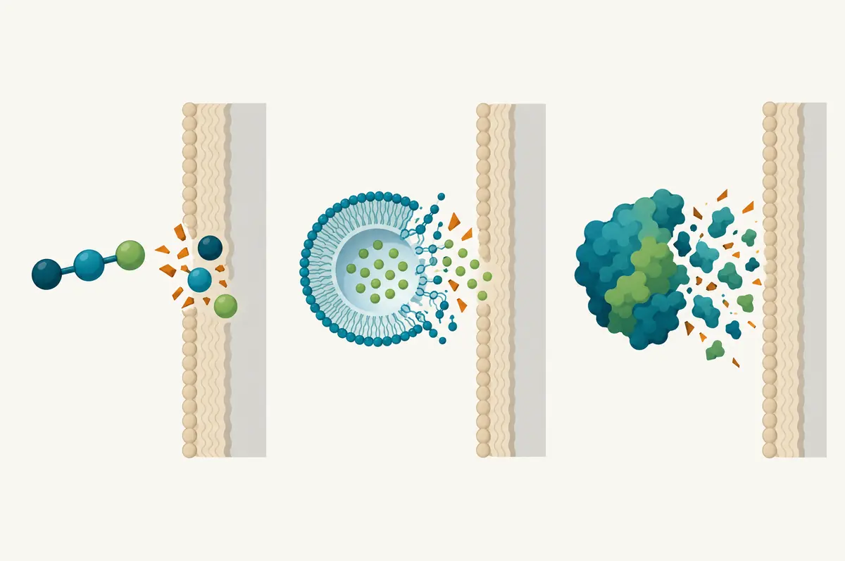Three panels of delivery formats failing at their barriers, drawn as simple shapes