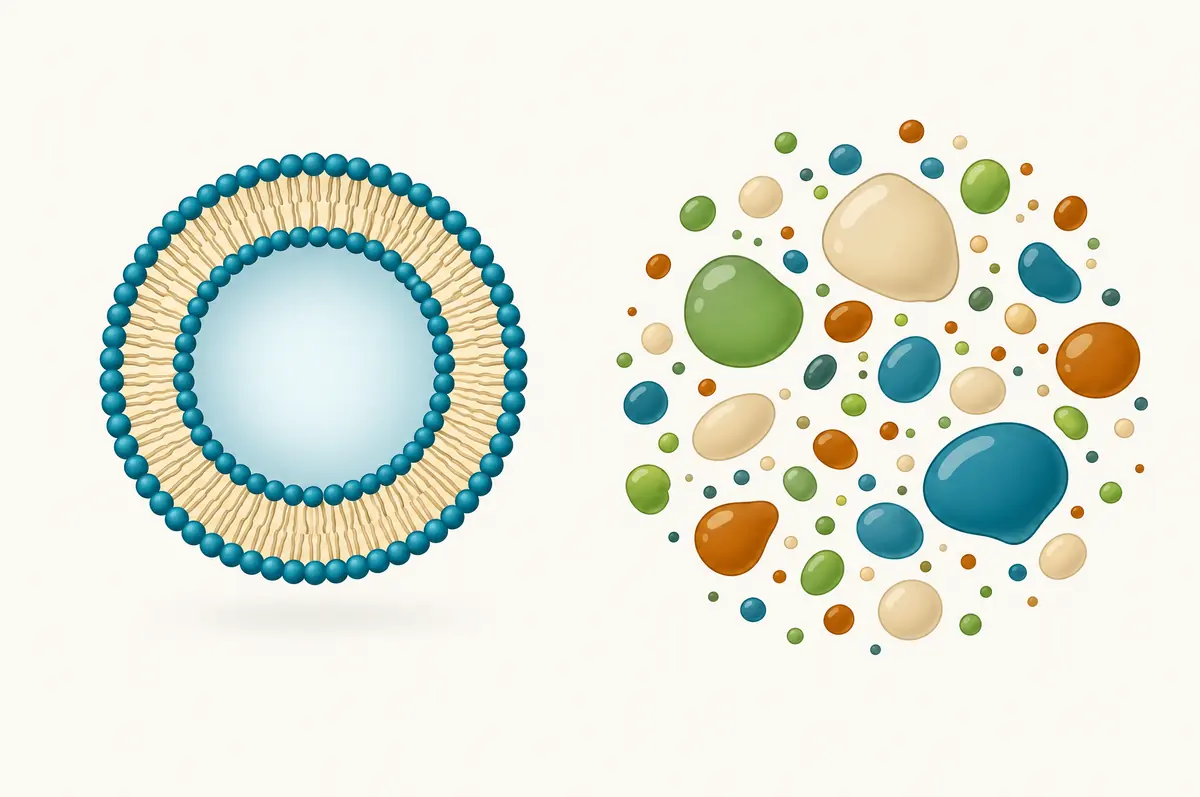 Uniform bilayer liposome compared with an irregular mix of droplets of varying size