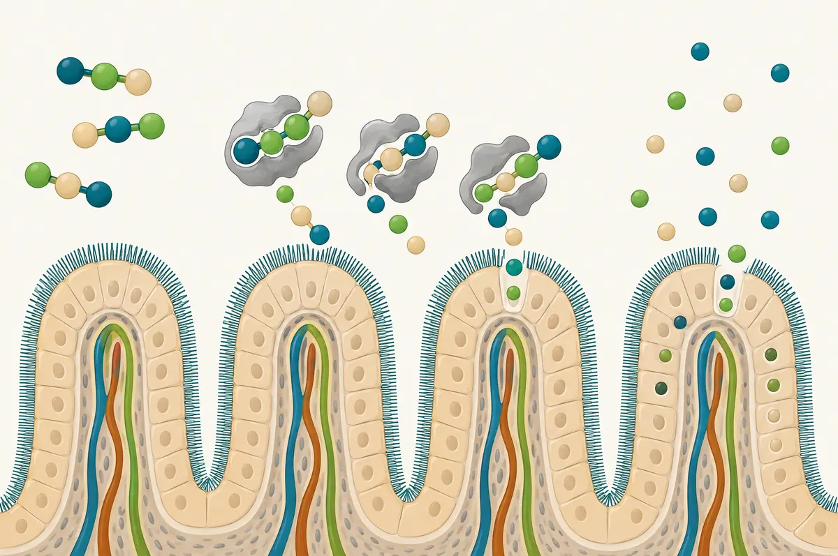 Intestinal brush border with enzymes cutting a tripeptide into single amino acids before absorption