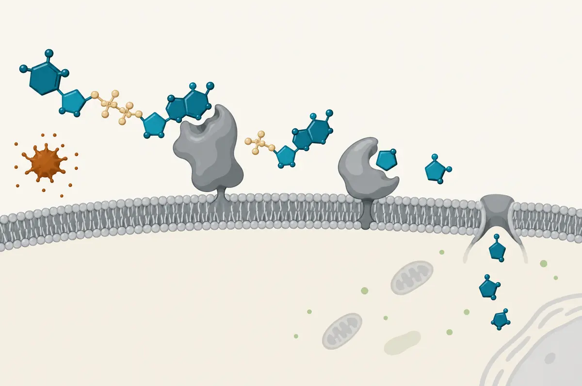 Cell surface diagram of NAD cleaved stepwise into smaller fragments, with only the smallest entering the cell