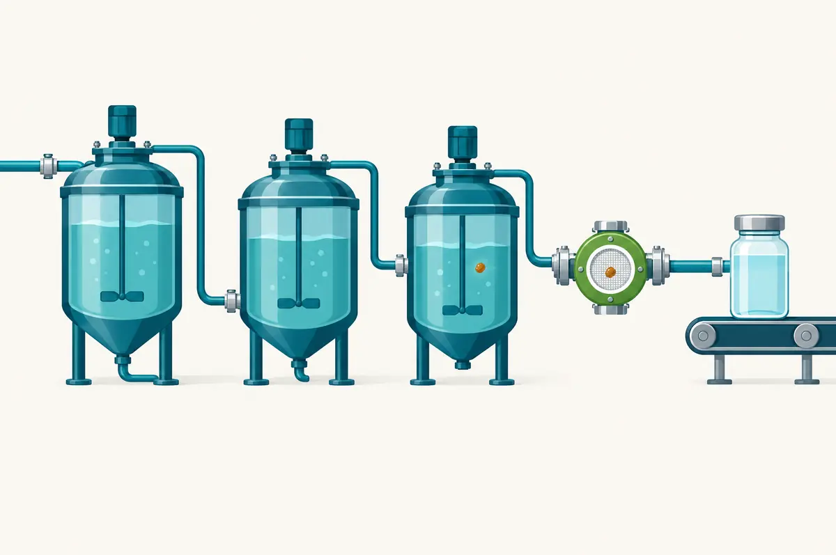 Manufacturing line diagram with a checkpoint catching a trace contaminant before packaging