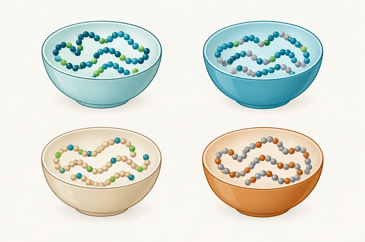 Four bowls sorting peptide shapes into approved, investigational, lawful ingredient and no approved use