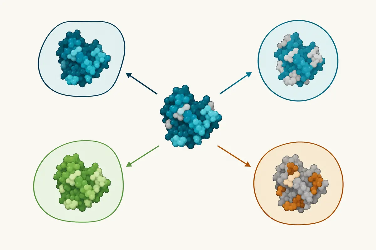 Diagram of one molecule receiving a different classification in each of four regions