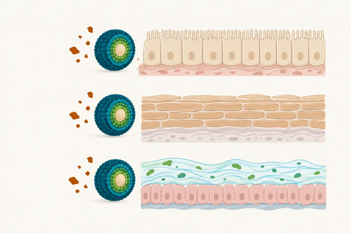 Diagram of one layered particle meeting three different barriers for oral, skin and mucosal routes