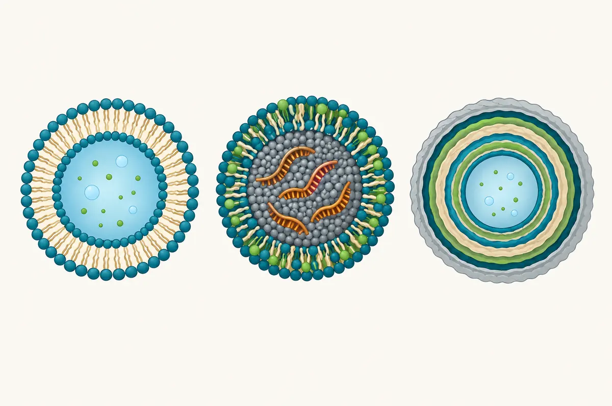Cross-sections of a liposome, a lipid nanoparticle and a multi-layer polymer shell side by side