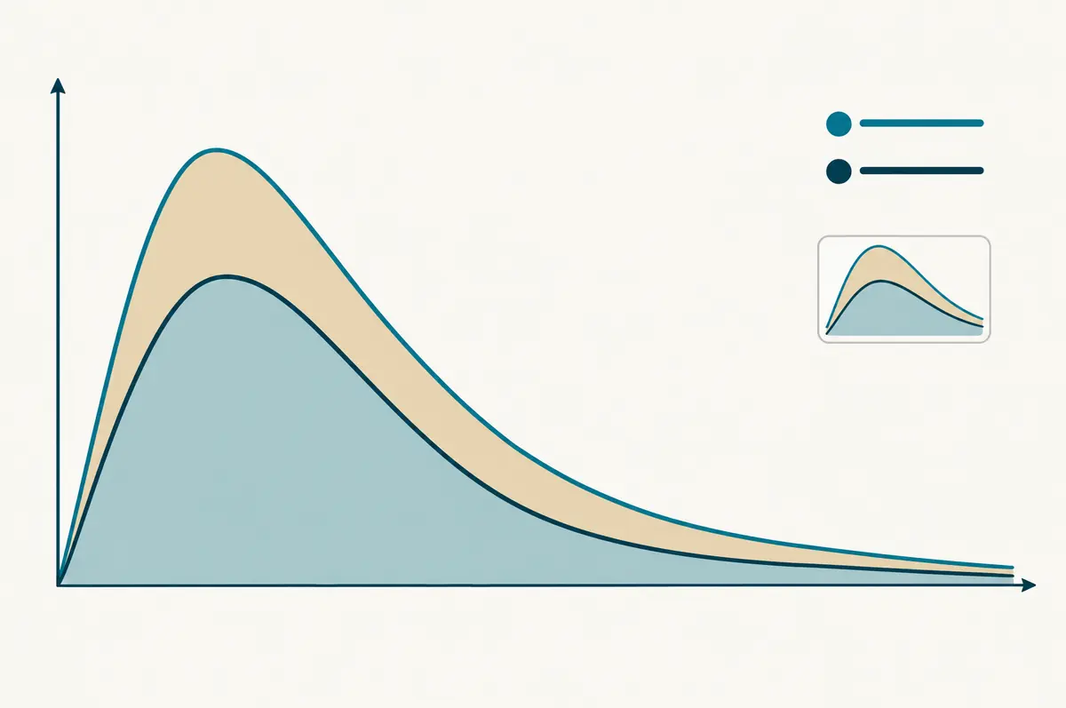 Two concentration-time curves with shaded areas comparing a reference and a test formulation