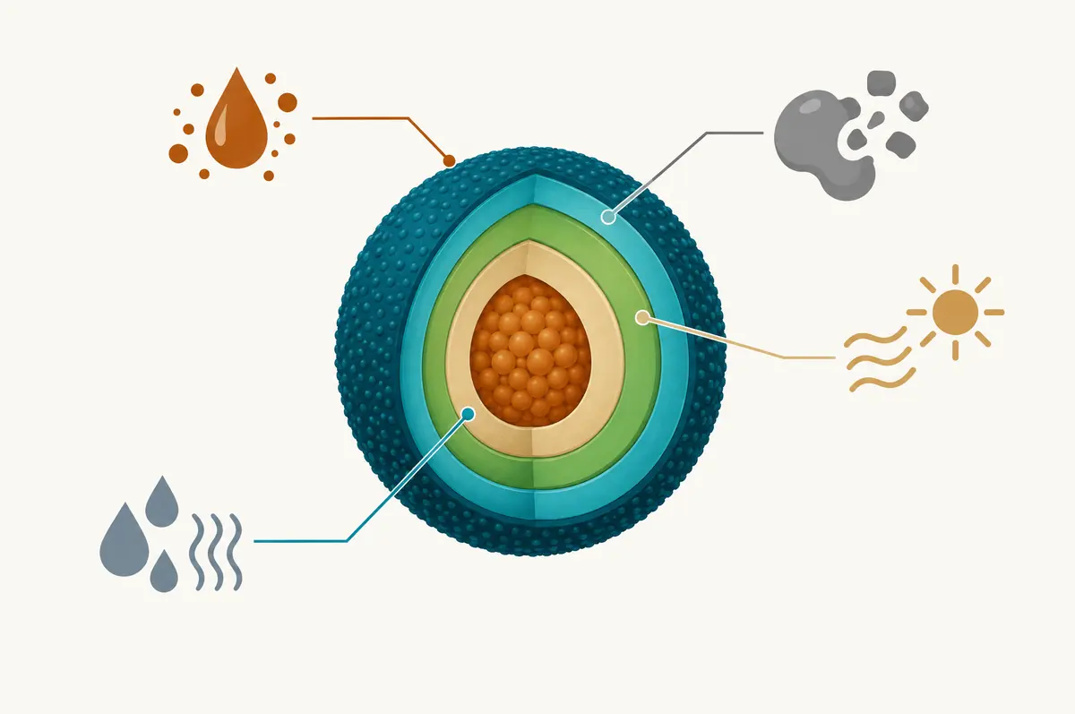 Cut-away particle with a core and distinct shells, each shell matched to one barrier shown as an abstract shape
