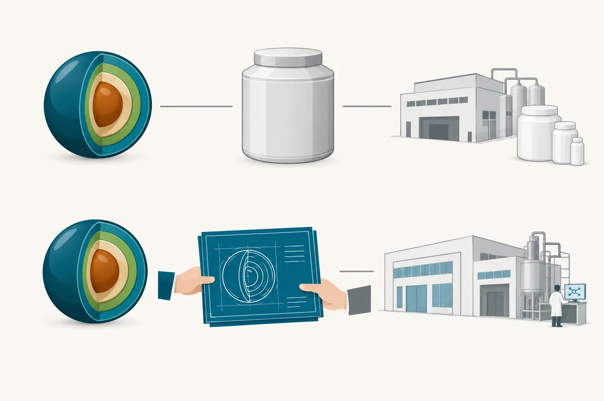 Two paths: a formulation supplied into a partner's container, and a platform blueprint transferred to a partner facility