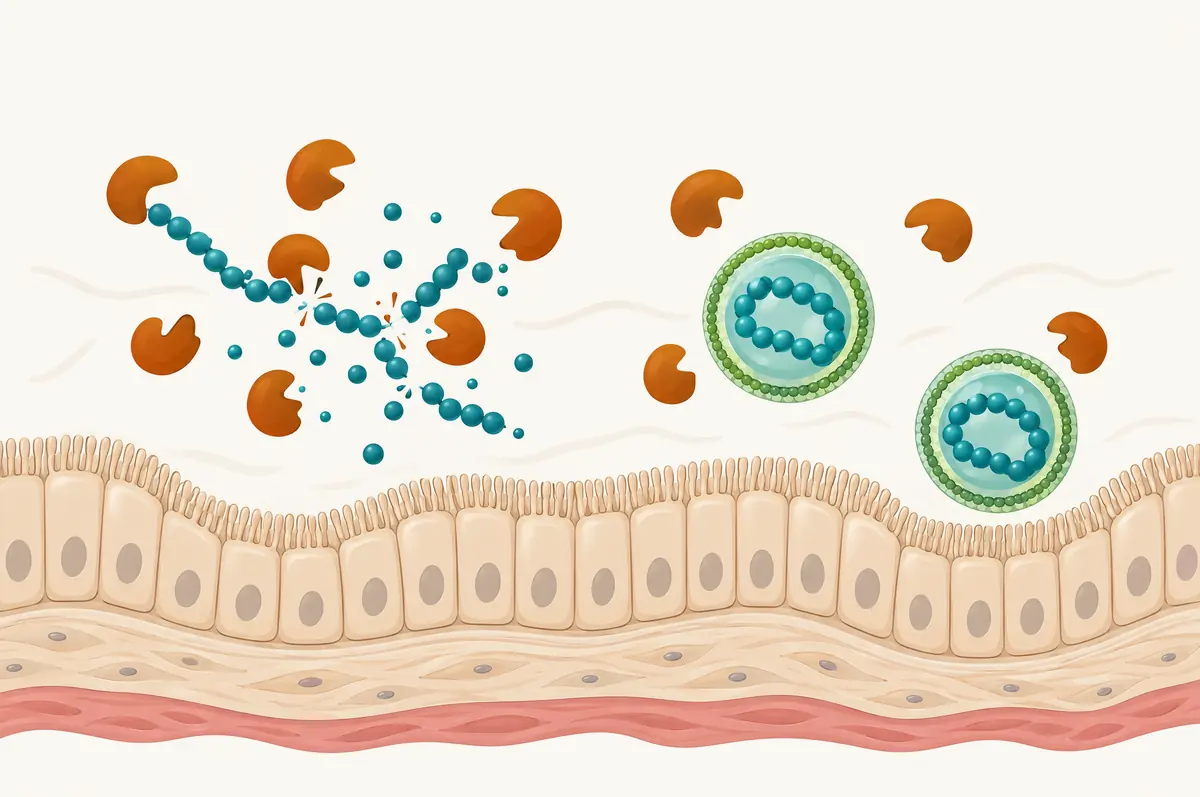 Intestine diagram with a bead chain cut by protease shapes and an encapsulated bead chain reaching the wall intact